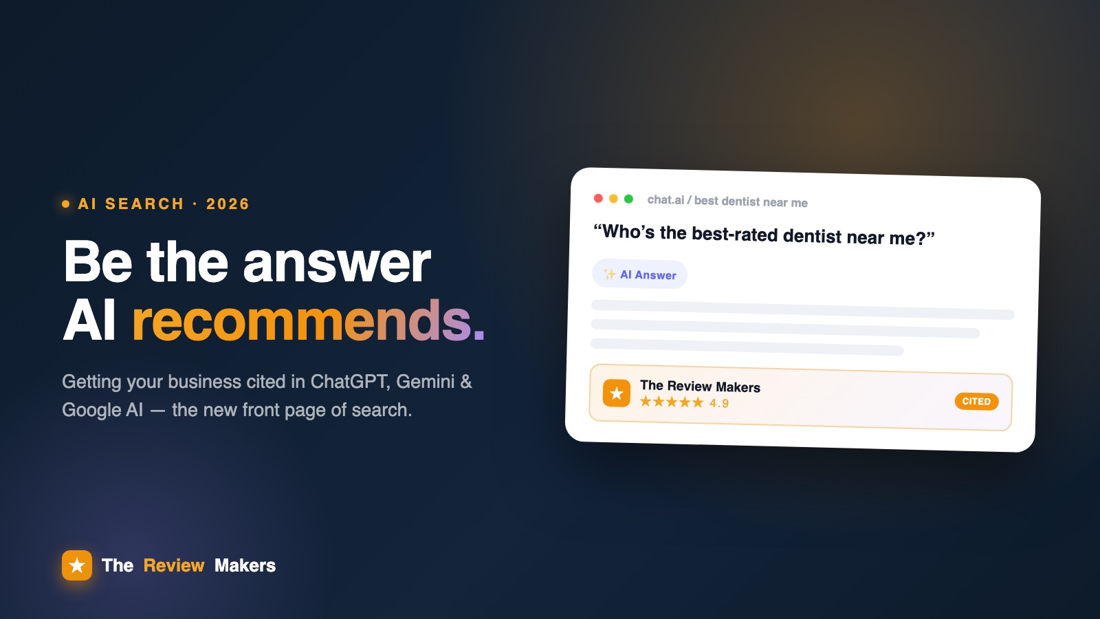 AI answer box citing The Review Makers as the top-rated result for a best dentist near me search